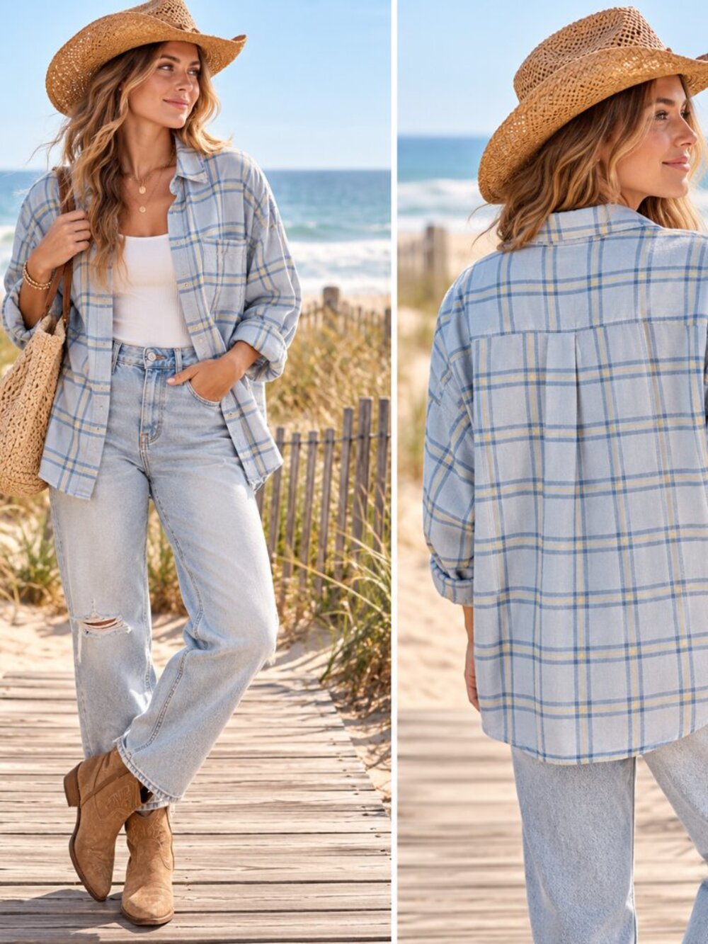 White Crow Blue Yellow Plaid Oversized Button Down Shirt Shacket Women's L